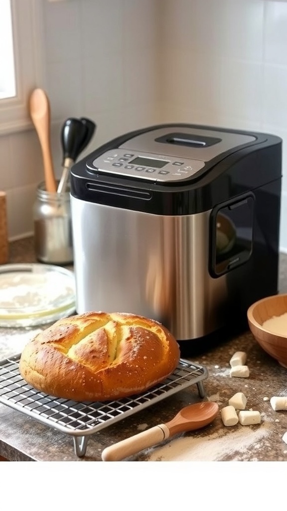 Bread Machine Troubleshooting Guide A bread machine with a loaf of bread cooling beside it on a kitchen countertop.